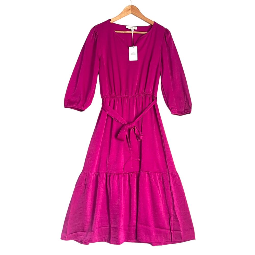 Lucky Brand Balloon Sleeves Tie Waist Dress M Festival Fuchsia Midi Split Neck